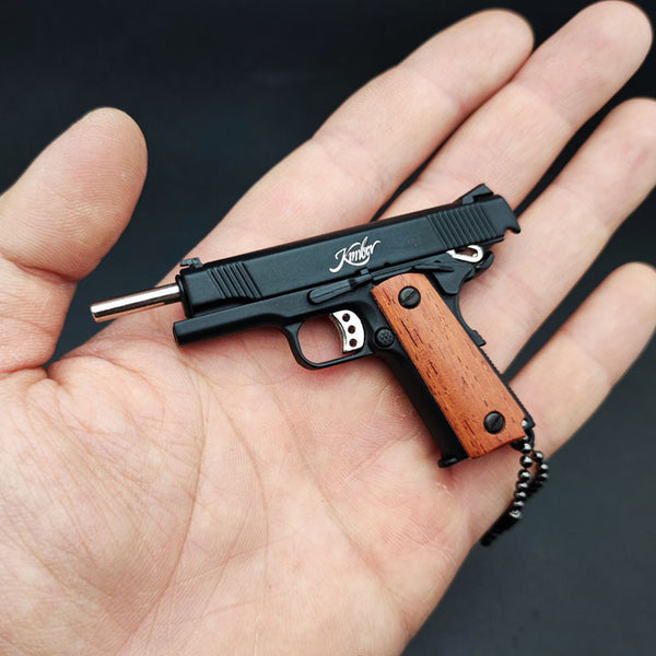 Handcrafted 1911 Gun Keychain with Wooden Handle - Black