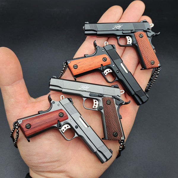Handcrafted 1911 Gun Keychain with Wooden Handle - Silver
