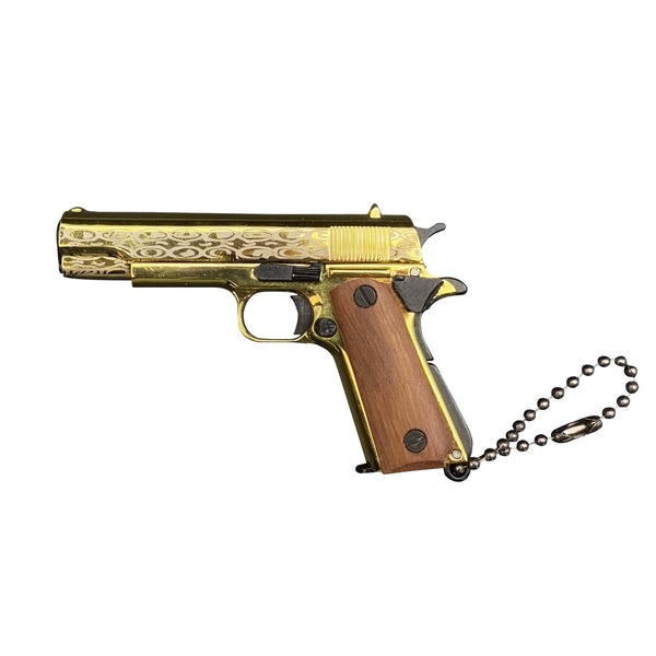 Damascus Wood Handle 1911 Gun Keychain-Gold