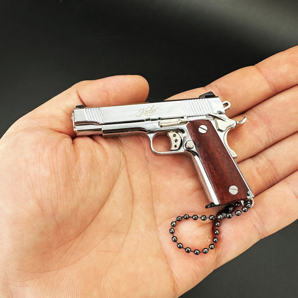 Handcrafted 1911 Gun Keychain with Wooden Handle - Silver