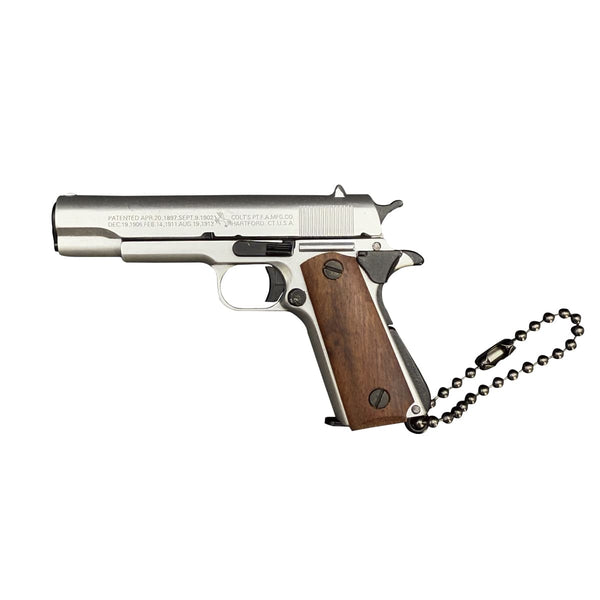Handcrafted 1911 Gun Keychain with Wooden Handle - Silver