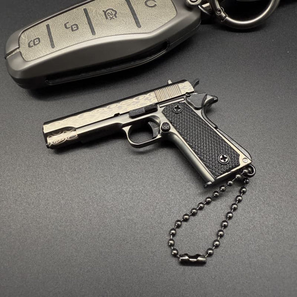 Handmade Damascus 1911 Mini Gun Keychain - Metal