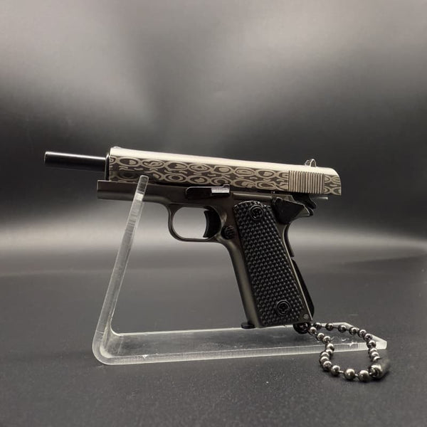 Handmade Damascus 1911 Mini Gun Keychain - Metal