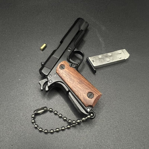 Handcrafted Black 1911 Gun Keychain with Wooden Handle