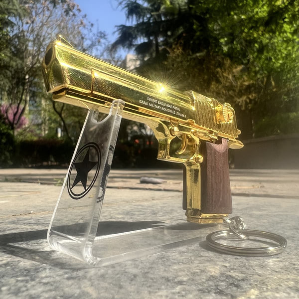 Gold Desert Eagle Keychain with Wooden Handle