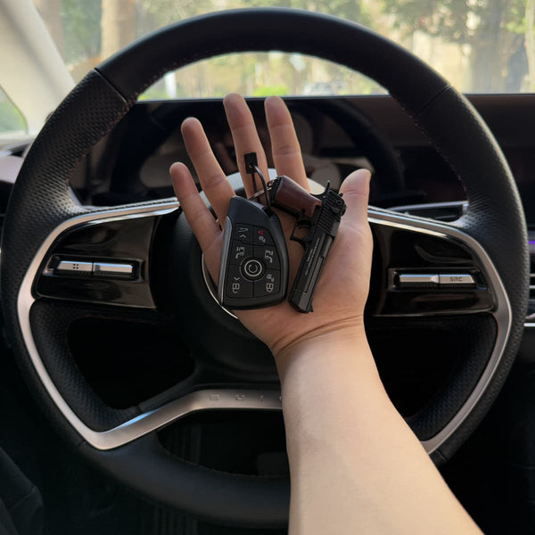 Black Desert Eagle Gun Keychain with Wooden Handle