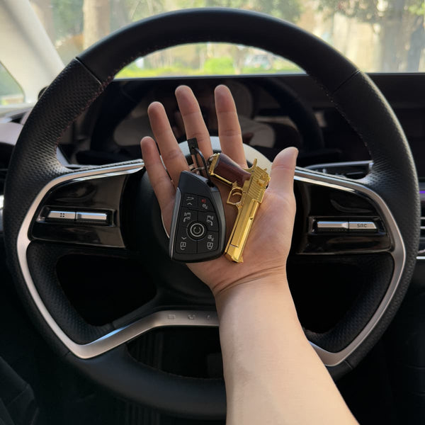 Gold Desert Eagle Keychain with Wooden Handle