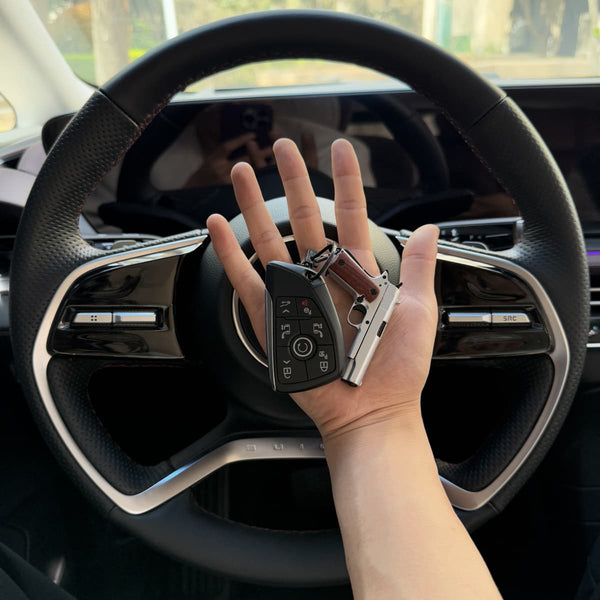 Handcrafted 1911 Gun Keychain with Wooden Handle - Silver