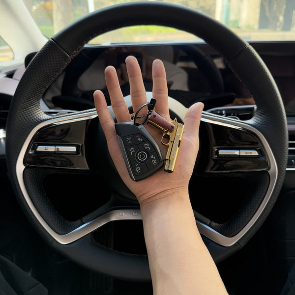 Damascus Wood Handle 1911 Gun Keychain-Gold