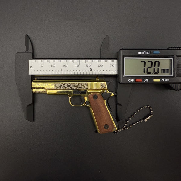 Damascus Wood Handle 1911 Gun Keychain-Gold