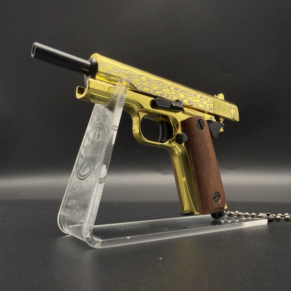 Damascus Wood Handle 1911 Gun Keychain-Gold
