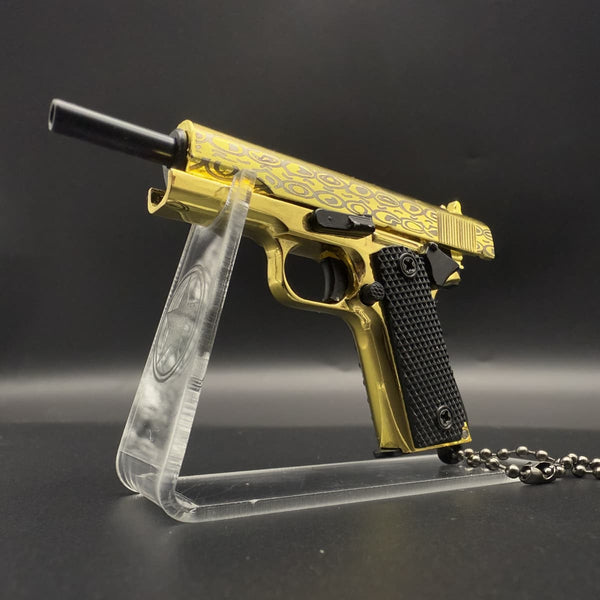 Handmade Damascus 1911 Mini Gun Keychain-Gold