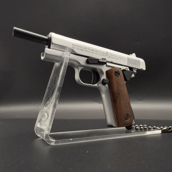 Handcrafted 1911 Gun Keychain with Wooden Handle - Silver