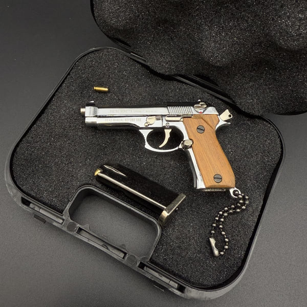 Handmade wood handle Beretta 92F Gun Keychain – Chrome Silver