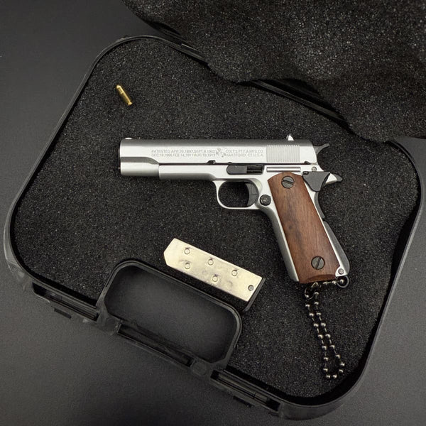 Handcrafted 1911 Gun Keychain with Wooden Handle - Silver
