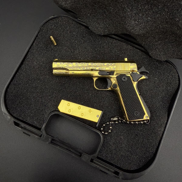 Handmade Damascus 1911 Mini Gun Keychain-Gold