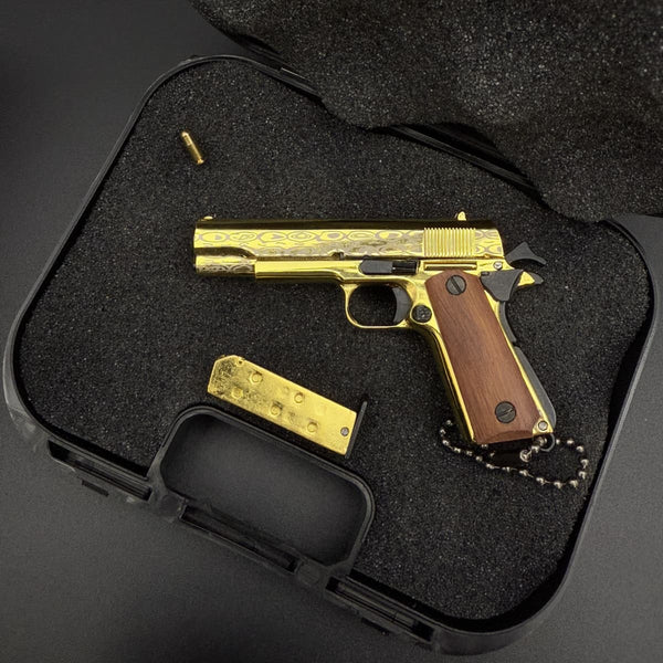 Damascus Wood Handle 1911 Gun Keychain-Gold