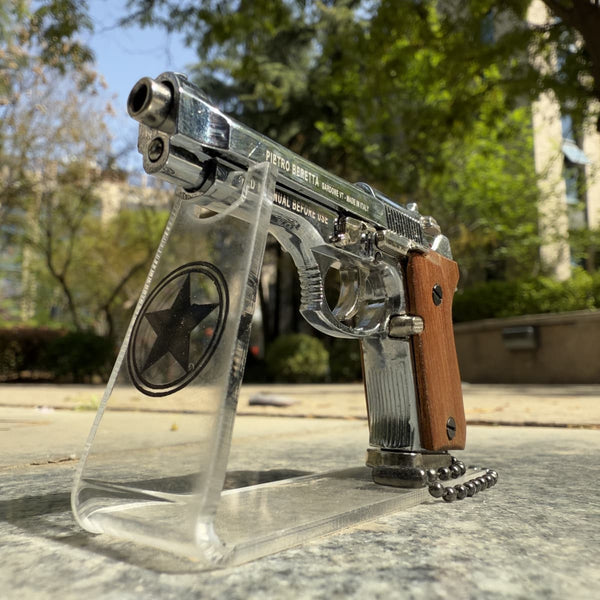 Handmade wood handle Beretta 92F Gun Keychain – Chrome Silver