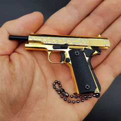 Handmade Damascus 1911 Mini Gun Keychain-Gold