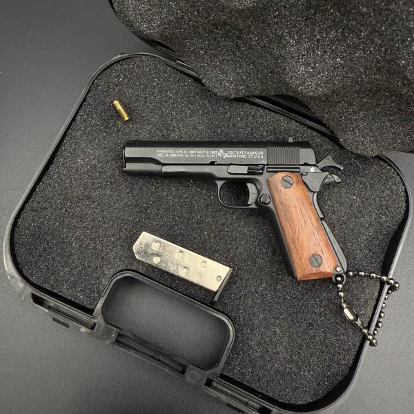 Handcrafted Black 1911 Gun Keychain with Wooden Handle