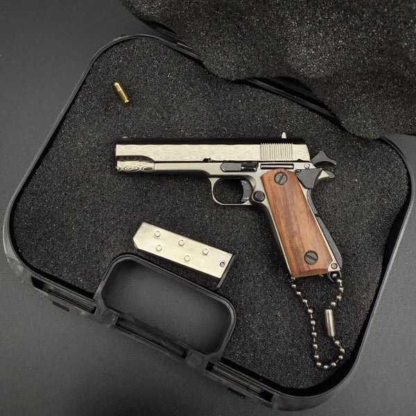 Damascus Wood Handle 1911 Gun Keychain-Metal