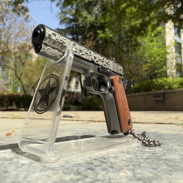 Damascus Wood Handle 1911 Gun Keychain-Metal