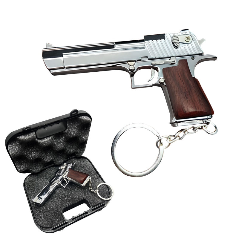 Silver Handmade Desert Eagle Gun Keychain with Wooden Handle