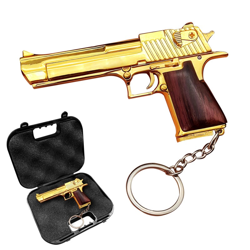 Gold Desert Eagle Keychain with Wooden Handle