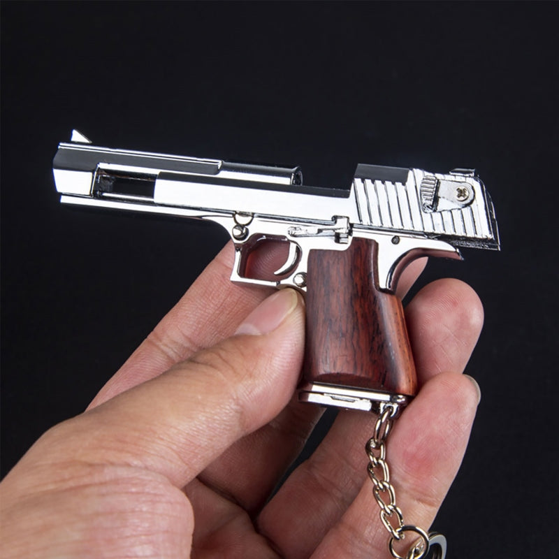 Silver Handmade Desert Eagle Gun Keychain with Wooden Handle