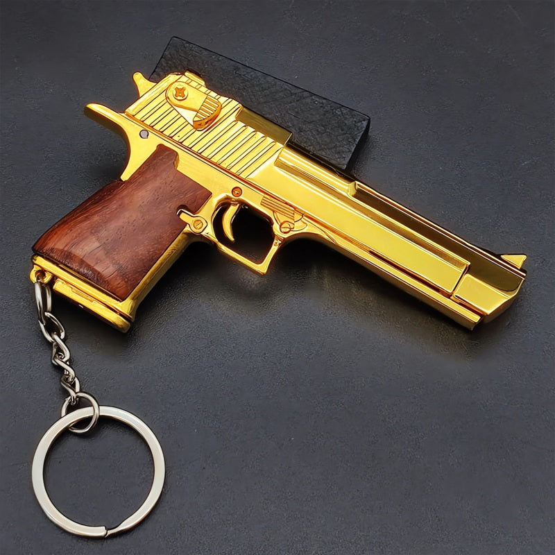 Gold Desert Eagle Keychain with Wooden Handle