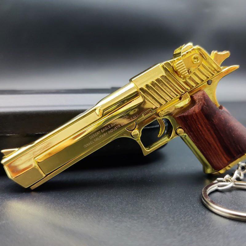 Gold Desert Eagle Keychain with Wooden Handle